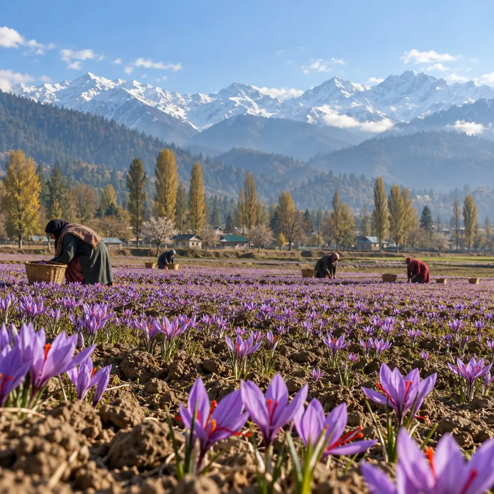 Saffron crocus fields in the Kashmir Valley below snow-covered mountains