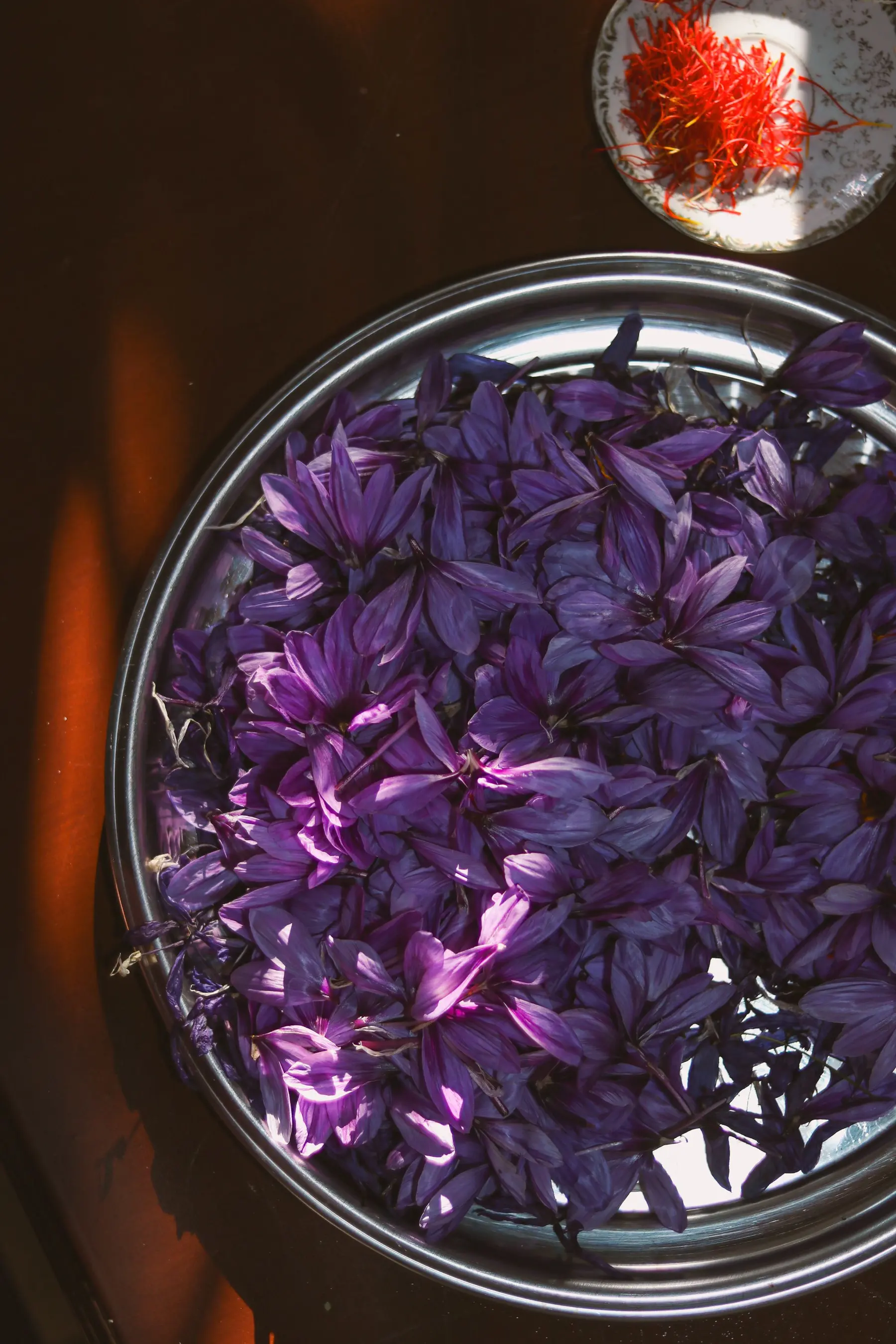 Saffron stigmas being separated by hand